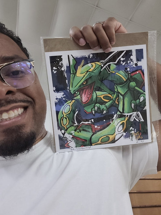 Deante Howard holding the Rayquaza 8x8 art print