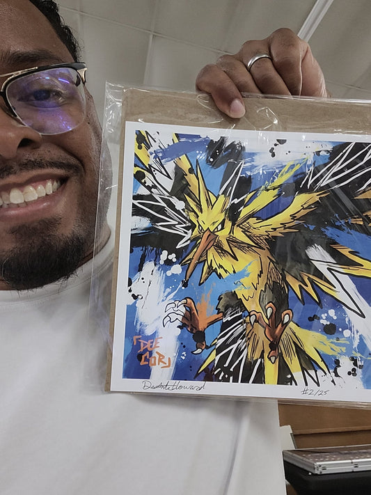 Deante Howard holding the Zapdos 8x8 art print