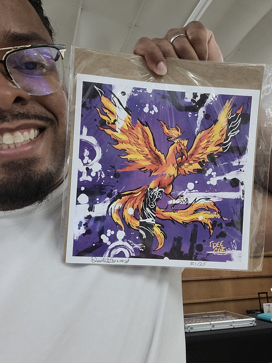 Deante Howard holding the Moltres 8x8 art print