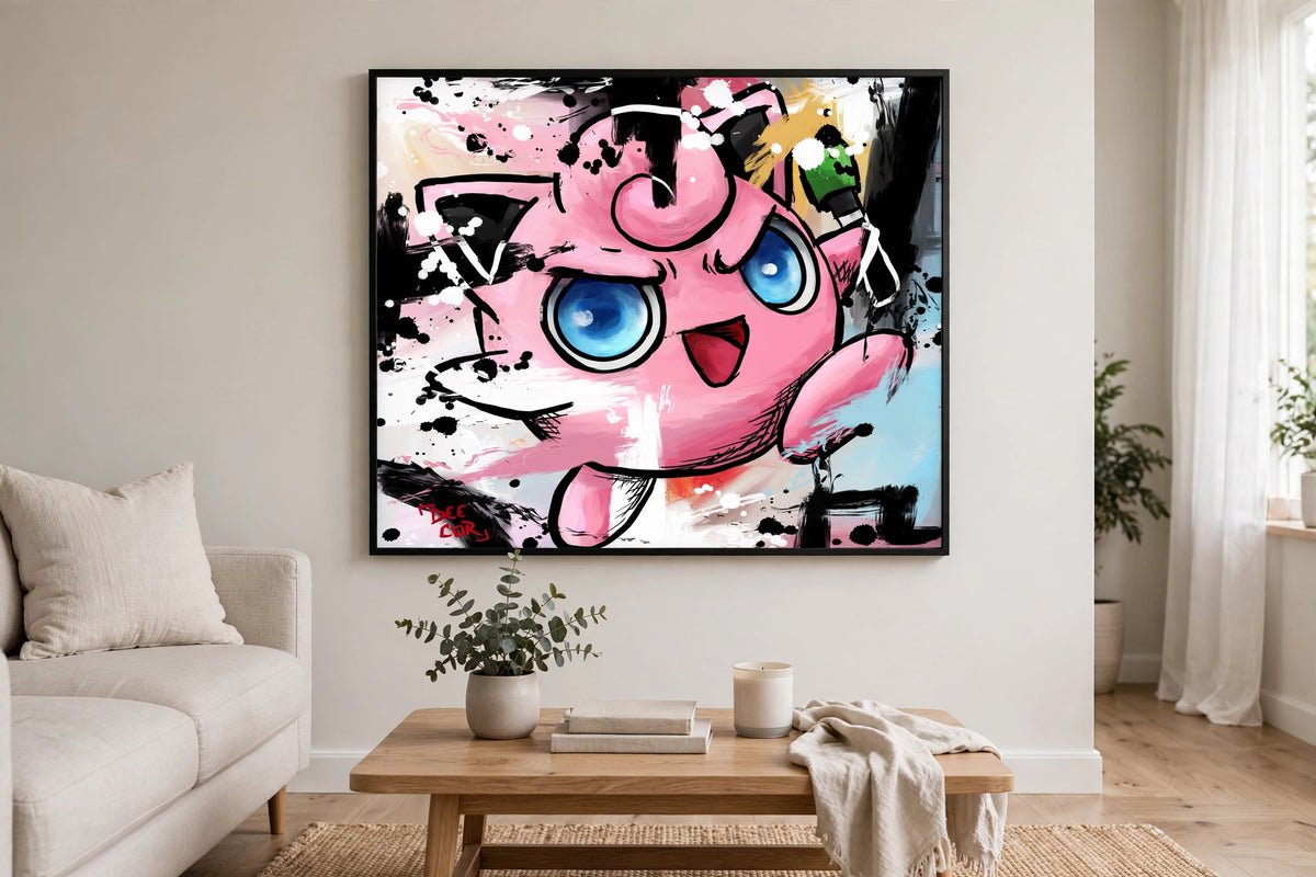 Jigglypuff 16x16 mini Pokemon art print in black float frame on wall