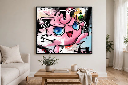 Jigglypuff 16x16 mini Pokemon art print in black float frame on wall