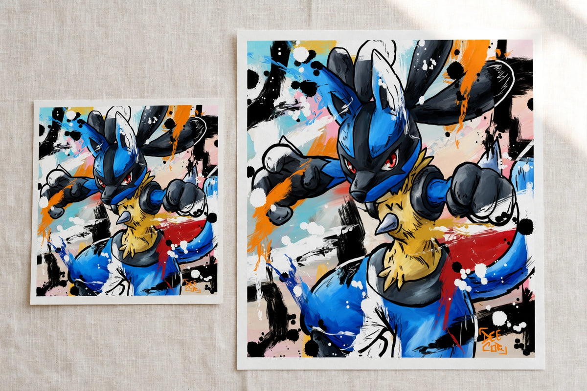 Lucario mini Pokemon art print shown in 8x8 and 16x16 sizes