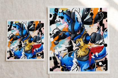 Lucario mini Pokemon art print shown in 8x8 and 16x16 sizes