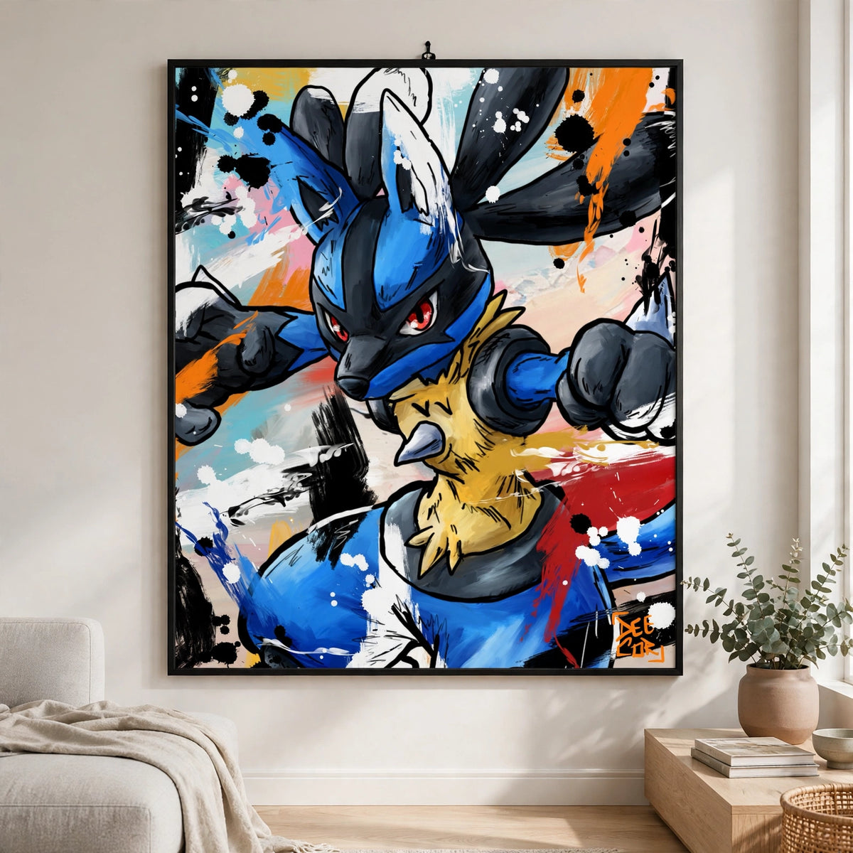 Lucario 16x16 mini Pokemon art print in black float frame on wall