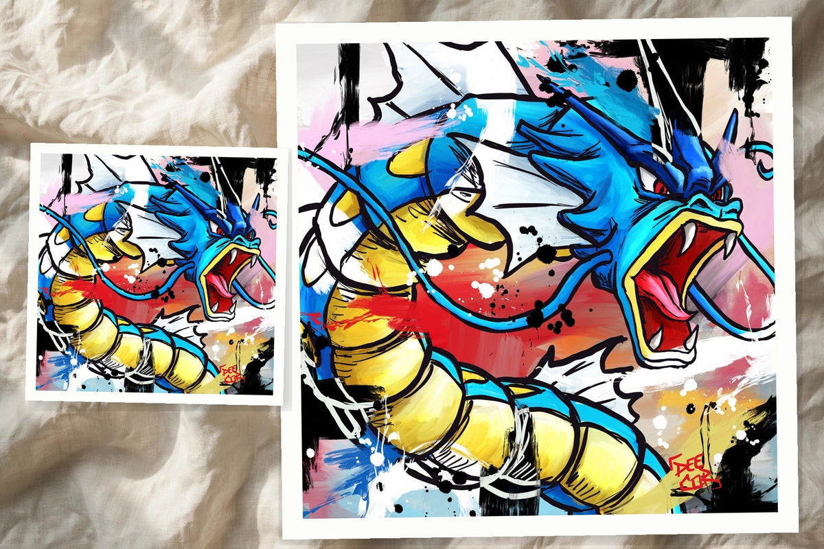 Gyarados mini print in both sizes — 8x8 and 16x16 square prints