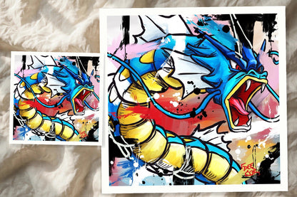Gyarados mini print in both sizes — 8x8 and 16x16 square prints