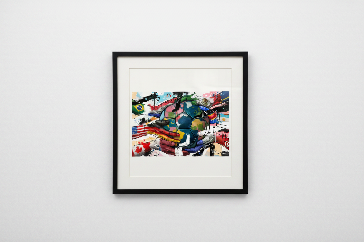Global Game paper print mockup framed on white gallery wall
