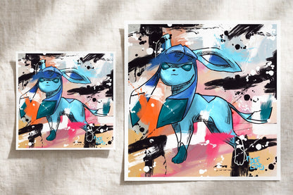 Glaceon mini Pokemon art print shown in 8x8 and 16x16 sizes