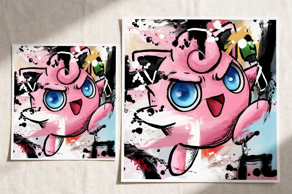 Jigglypuff mini Pokemon art print shown in 8x8 and 16x16 sizes
