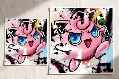 Jigglypuff mini Pokemon art print shown in 8x8 and 16x16 sizes