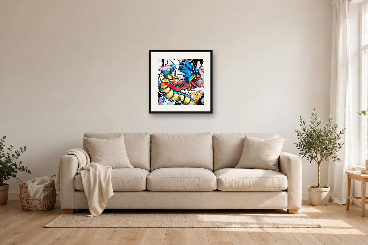 Gyarados 16x16 mini print matted and framed — 22x22 inches on the wall